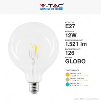 VT-2143 Lampadina LED E27 12W Bulb G125 Filament Vetro V-Tac