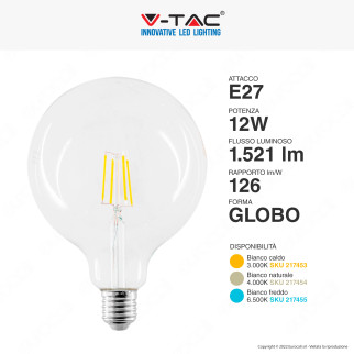 VT-2143 Lampadina LED E27 12W Bulb G125 Filament Vetro V-Tac
