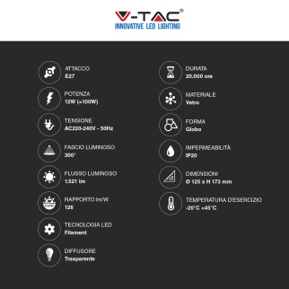 VT-2143 Lampadina LED E27 12W Bulb G125 Filament Vetro V-Tac