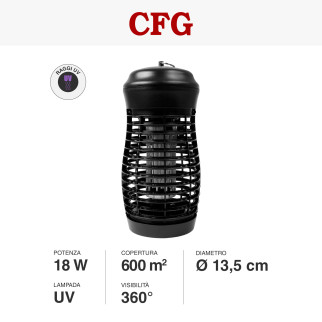 ZanzaZap18 Lampada UV 18W 360° Cattura Insetti Notturni 600m² IPX4 CFG