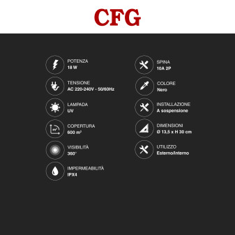 ZanzaZap18 Lampada UV 18W 360° Cattura Insetti Notturni 600m² IPX4 CFG