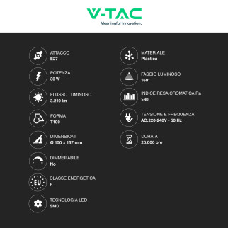 V-Tac VT-21031 Lampadina LED E27 Hi-Power 30W T100 SMD