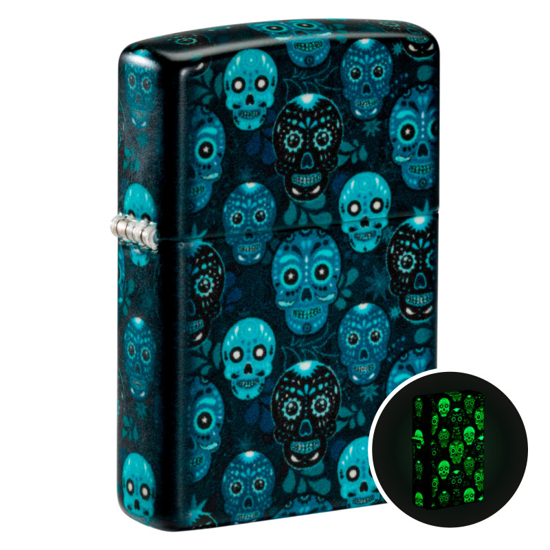 Accendino Zippo Premium 46017 Sugar Skulls Design Luminoso al Buio