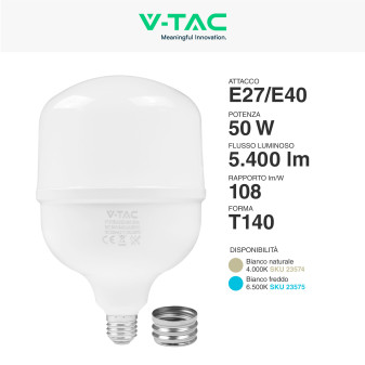 V-Tac VT-21050 Lampadina LED E27/E40 Hi-Power 50W Tubolare T140 SMD