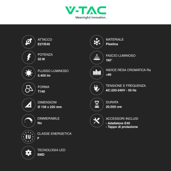 V-Tac VT-21050 Lampadina LED E27/E40 Hi-Power 50W Tubolare T140 SMD