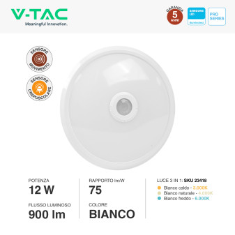 VT-13CCT Plafoniera 3in1 LED Rotonda 12W SMD Chip Samsung V-Tac Pro