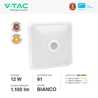 VT-81003 Plafoniera 3in1 LED Quadrata 12W SMD Chip Samsung V-Tac Pro