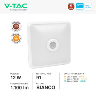 VT-81003 Plafoniera 3in1 LED Quadrata 12W SMD Chip Samsung V-Tac Pro