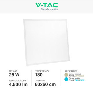 VT-60025 Pannello LED SMD Quadrato 60x60 25W da Incasso con Driver