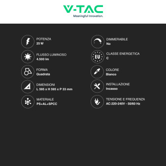 VT-60025 Pannello LED SMD Quadrato 60x60 25W da Incasso con Driver