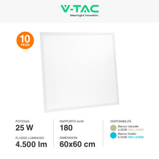VT-60025 10 Pannelli LED SMD Quadrati 60x60 25W da Incasso con Driver