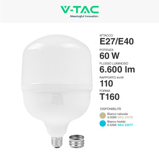V-Tac VT-21065 Lampadina LED E27 Hi-Power 60W Tubolare T160 SMD