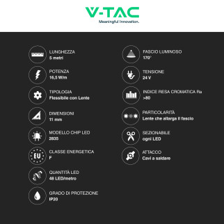 V-Tac VT-2835 Striscia LED Flessibile con Lente 82,5W 48 LED/m 5m