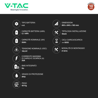 V-Tac Batteria 102,4V 50Ah 5,1kWh IP65 per Sistema All-In-One