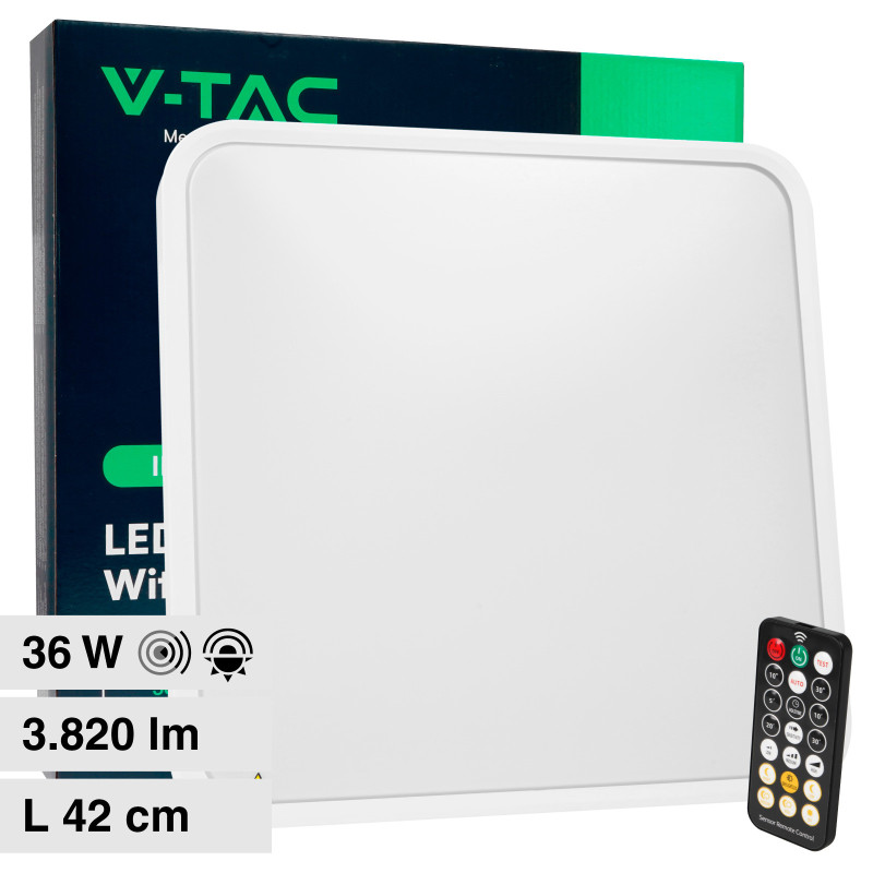 V-Tac VT-8630 Plafoniera LED Quadrata 36W IP44 Sensore di Movimento e Crepuscolare