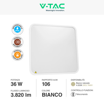 V-Tac VT-8630 Plafoniera LED Quadrata 36W IP44 Sensore di Movimento e Crepuscolare