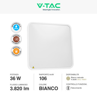 V-Tac VT-8630 Plafoniera LED Quadrata 36W IP44 Sensore di Movimento e Crepuscolare