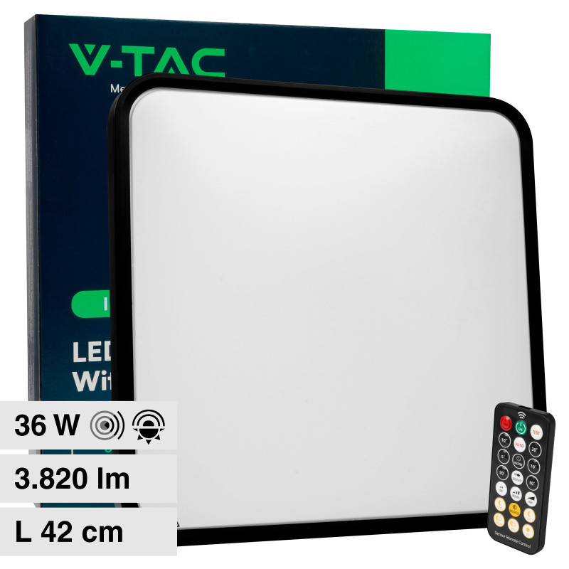 V-Tac VT-8630 Plafoniera LED Quadrata 36W IP44 Sensore di Movimento e Crepuscolare