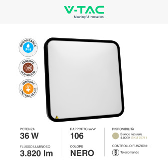 V-Tac VT-8630 Plafoniera LED Quadrata 36W IP44 Sensore di Movimento e Crepuscolare