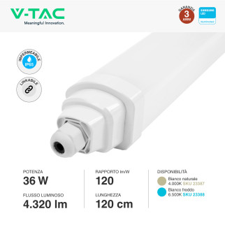 VT-12035 Tubo LED Plafoniera GT Series 36W SMD Linkabile IP65 V-Tac