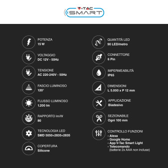 VT-5050 Striscia LED 15W Flessibile RGB+W IP65 12V 5m V-Tac