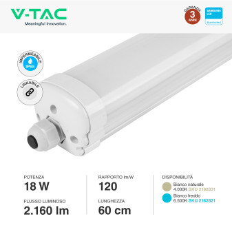 VT-6076S Tubo LED Plafoniera 18W SMD Linkabile IP65 V-Tac