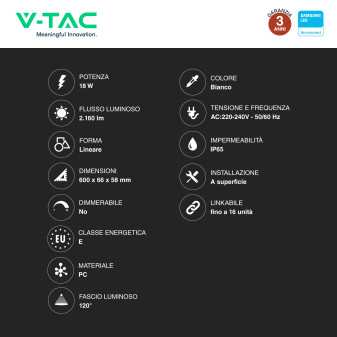 VT-6076S Tubo LED Plafoniera 18W SMD Linkabile IP65 V-Tac