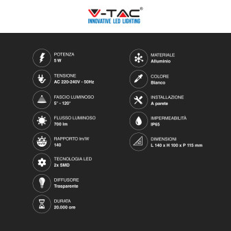 VT-756 Lampada LED da Muro 5W Bianca con Doppio LED SMD IP65 V-Tac