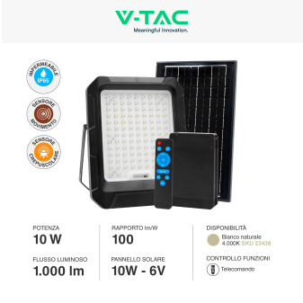 VT-55w Faro LED 10W IP65 Pannello Solare con Sensore Telecomando V-Tac