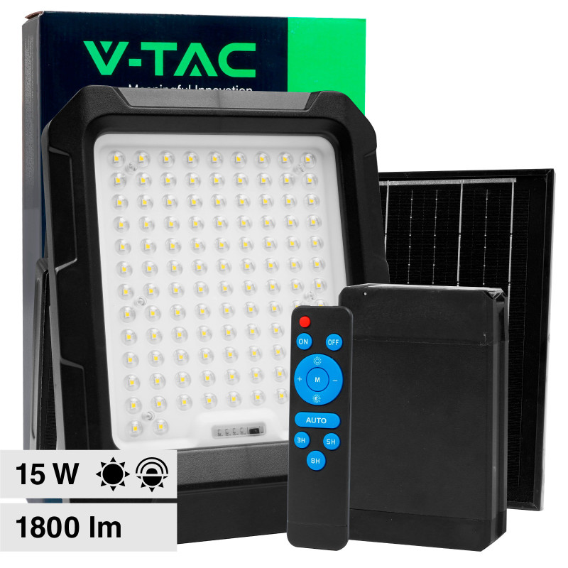 VT-102w Faro LED 15W IP65 Pannello Solare con Sensore Telecomando V-Tac