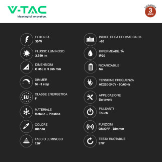 VT-7353 V-TAC Lampada da Tavolo LED 30W Dimmerabile Touch