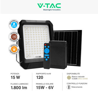 VT-102w Faro LED 15W IP65 Pannello Solare con Sensore Telecomando V-Tac