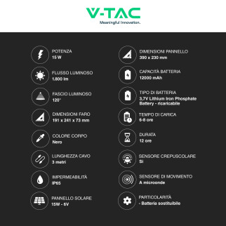 VT-102w Faro LED 15W IP65 Pannello Solare con Sensore Telecomando V-Tac