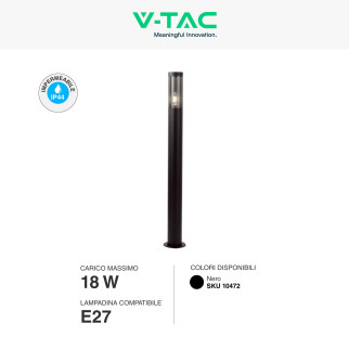 V-Tac VT-1185 Paletto Portalampada E27 Cilindrico 1m Colore Nero IP44