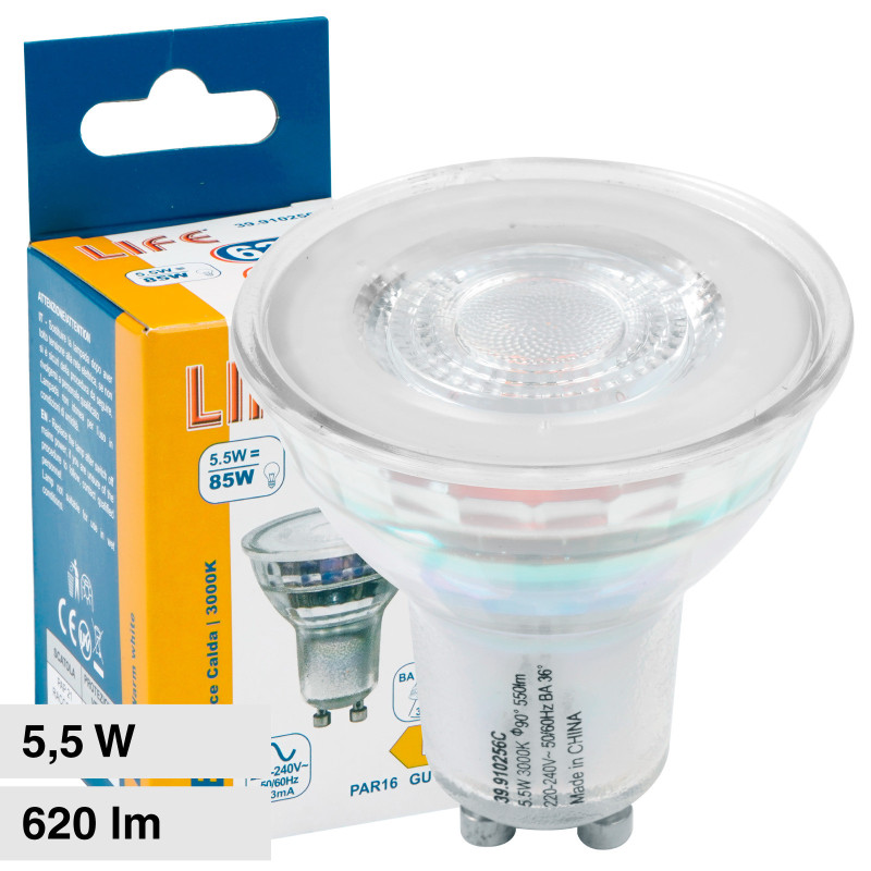 Faretto PAR16 LED Lampadina GU10 5,5W SMD in Vetro Life