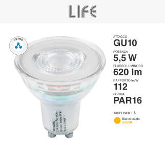 Faretto PAR16 LED Lampadina GU10 5,5W SMD in Vetro Life