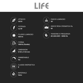 Faretto PAR16 LED Lampadina GU10 5,5W SMD in Vetro Life