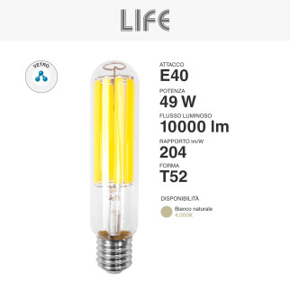 Lampadina LED E40 49W Tubolare T52 Filament IP65 in Vetro Life