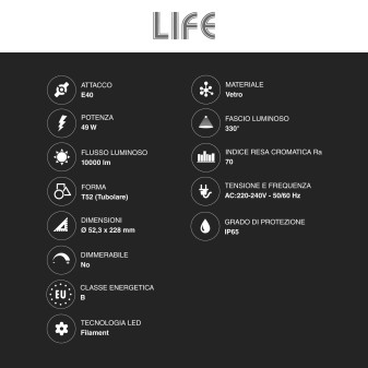 Lampadina LED E40 49W Tubolare T52 Filament IP65 in Vetro Life