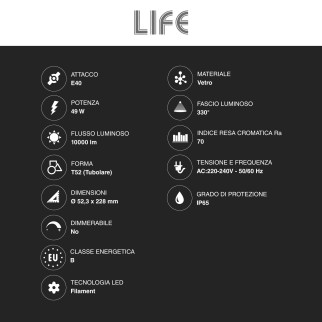Lampadina LED E40 49W Tubolare T52 Filament IP65 in Vetro Life