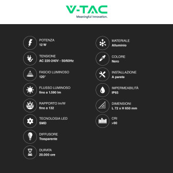 VT-11112 Lampada LED da Muro 12W SMD IP65 Colore Nero V-Tac
