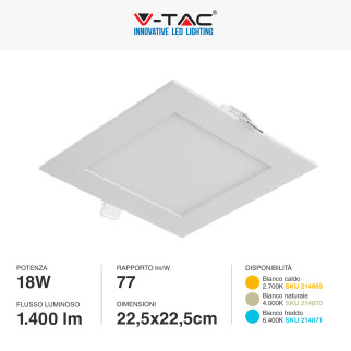 VT-1807-SQ Mini Pannello LED Quadrato 18W da Incasso V-Tac