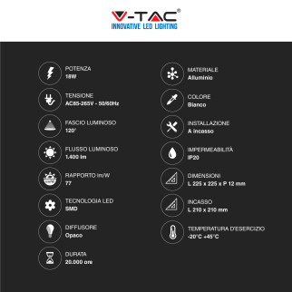 VT-1807-SQ Mini Pannello LED Quadrato 18W da Incasso V-Tac