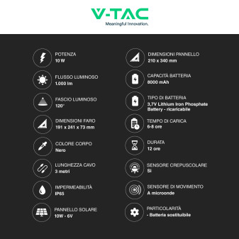 VT-55w Faro LED 10W IP65 Pannello Solare con Sensore Telecomando V-Tac