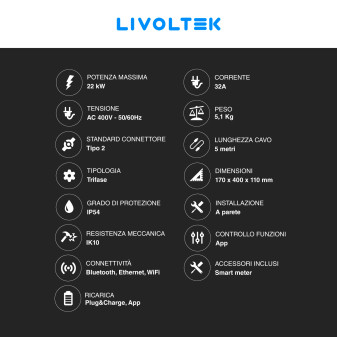 Wall box 22kW Trifase Smart IP54 IK10 con Cavo Tipo 2 Livoltek