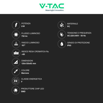 VT-708 Lampada LED Muro 8W SMD Applique Marrone IP65 V-Tac