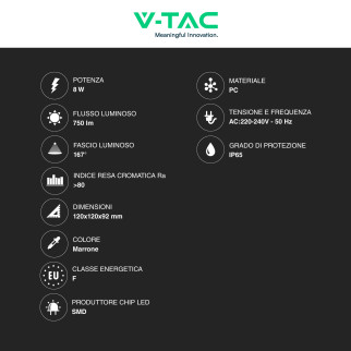 VT-708 Lampada LED Muro 8W SMD Applique Marrone IP65 V-Tac
