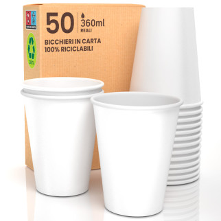 50 Bicchieri in Carta Biodegradabile Bianco da 360ml