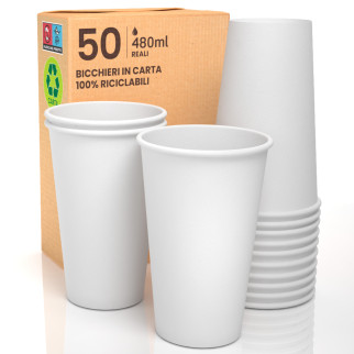 50 Bicchieri in Carta Biodegradabile Bianco da 480ml