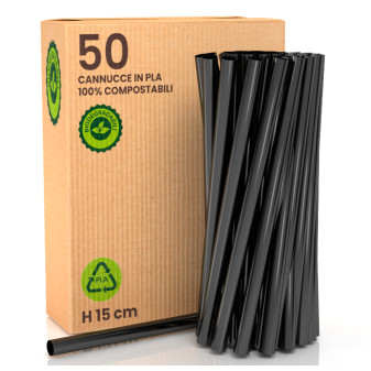 50 Cannucce Nere in PLA 15cmx8mm Biodegradabili Lisce e Resistenti